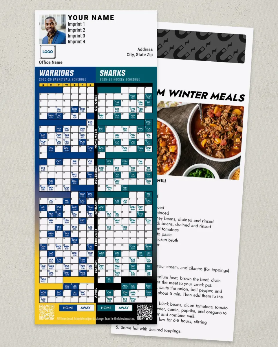 This is a 3½" x 9" Hockey & Basketball Schedule Magnet called Sharks & Warriors printed in full color