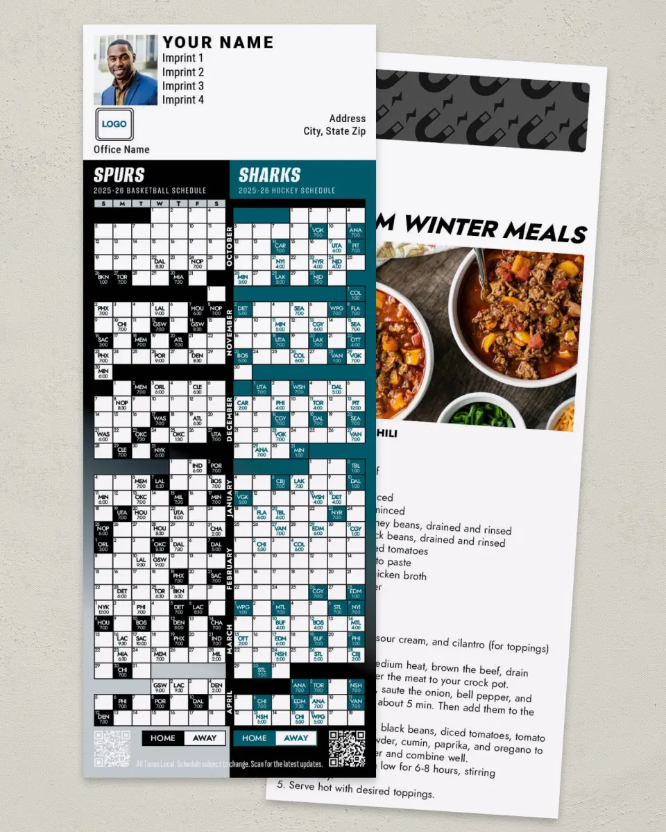 This is a 3½" x 9" Hockey & Basketball Schedule Magnet called Sharks & Spurs printed in full color