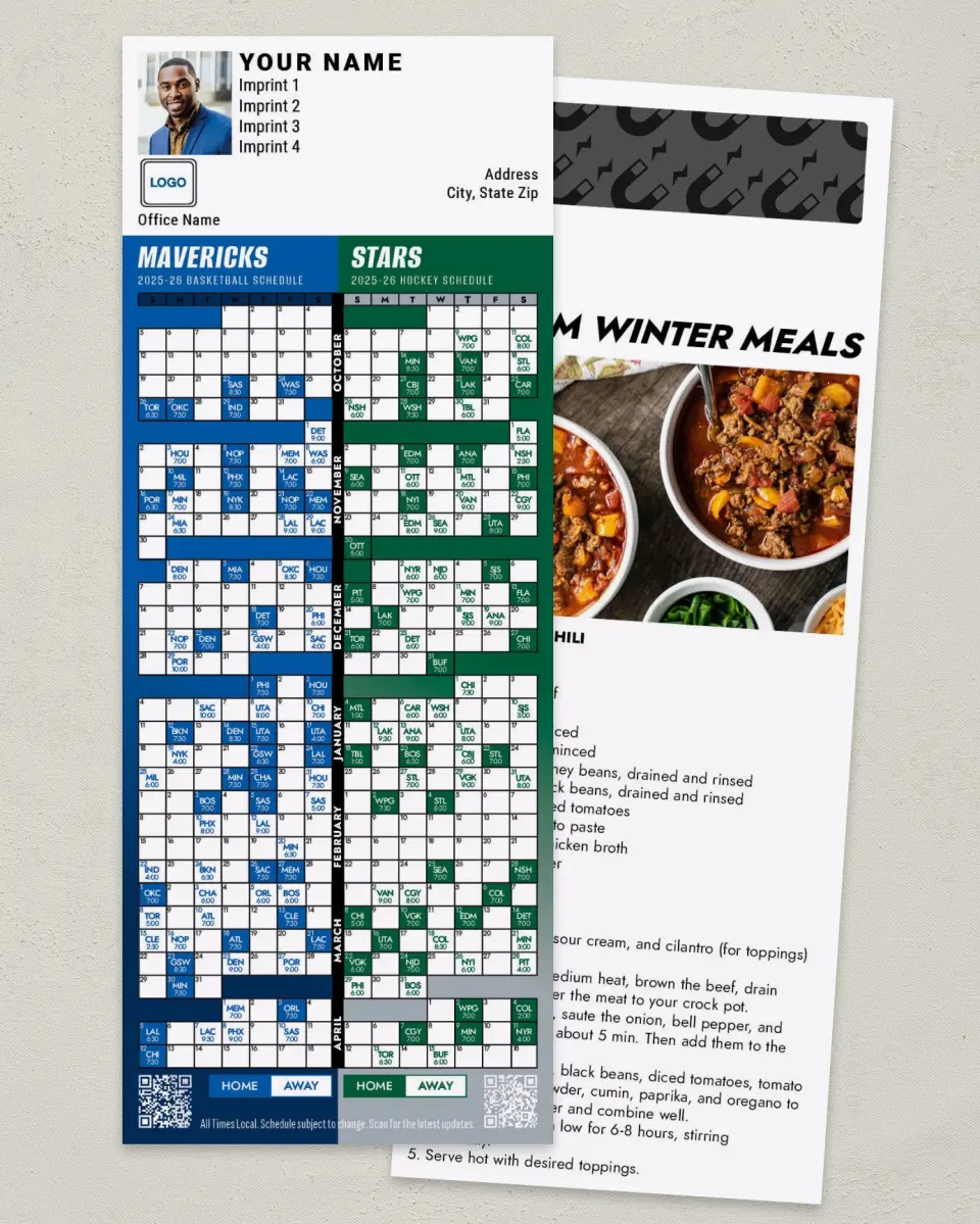 This is a 3½" x 9" Hockey & Basketball Schedule Magnet called Stars & Mavericks printed in full color