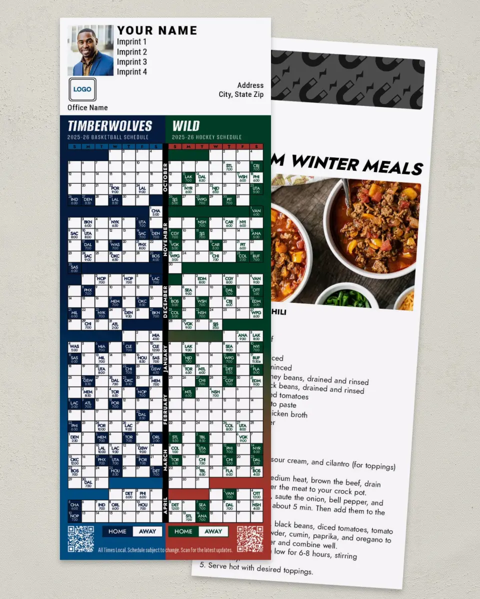 This is a 3½" x 9" Hockey & Basketball Schedule Magnet called Wild & Timberwolves printed in full color