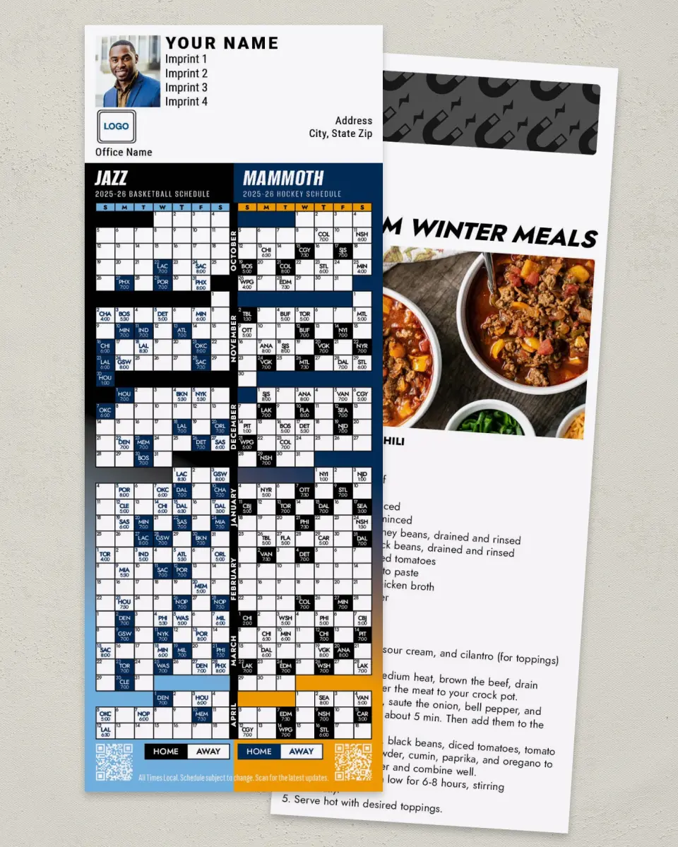 This is a 3½" x 9" Hockey & Basketball Schedule Magnet called Mammoth & Jazz printed in full color