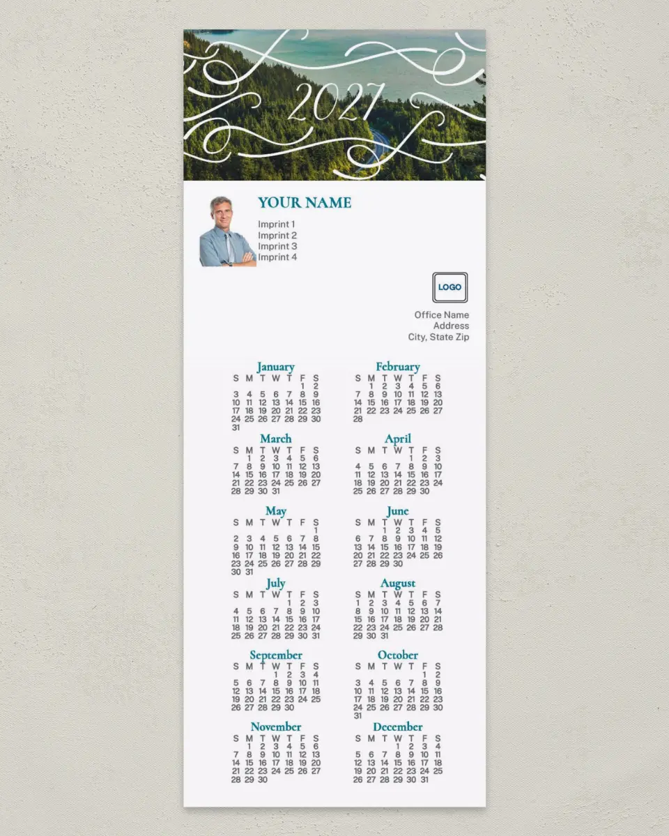 This is a 3½" x 9" Calendar MagnetCard called Scenic Filigree printed in full color