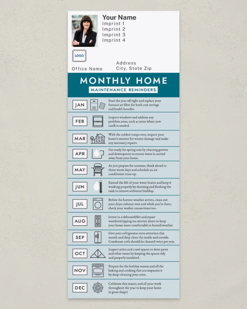 This is a 3½" x 9" Household Tip called Monthly Home Maintenance Reminders printed in full color