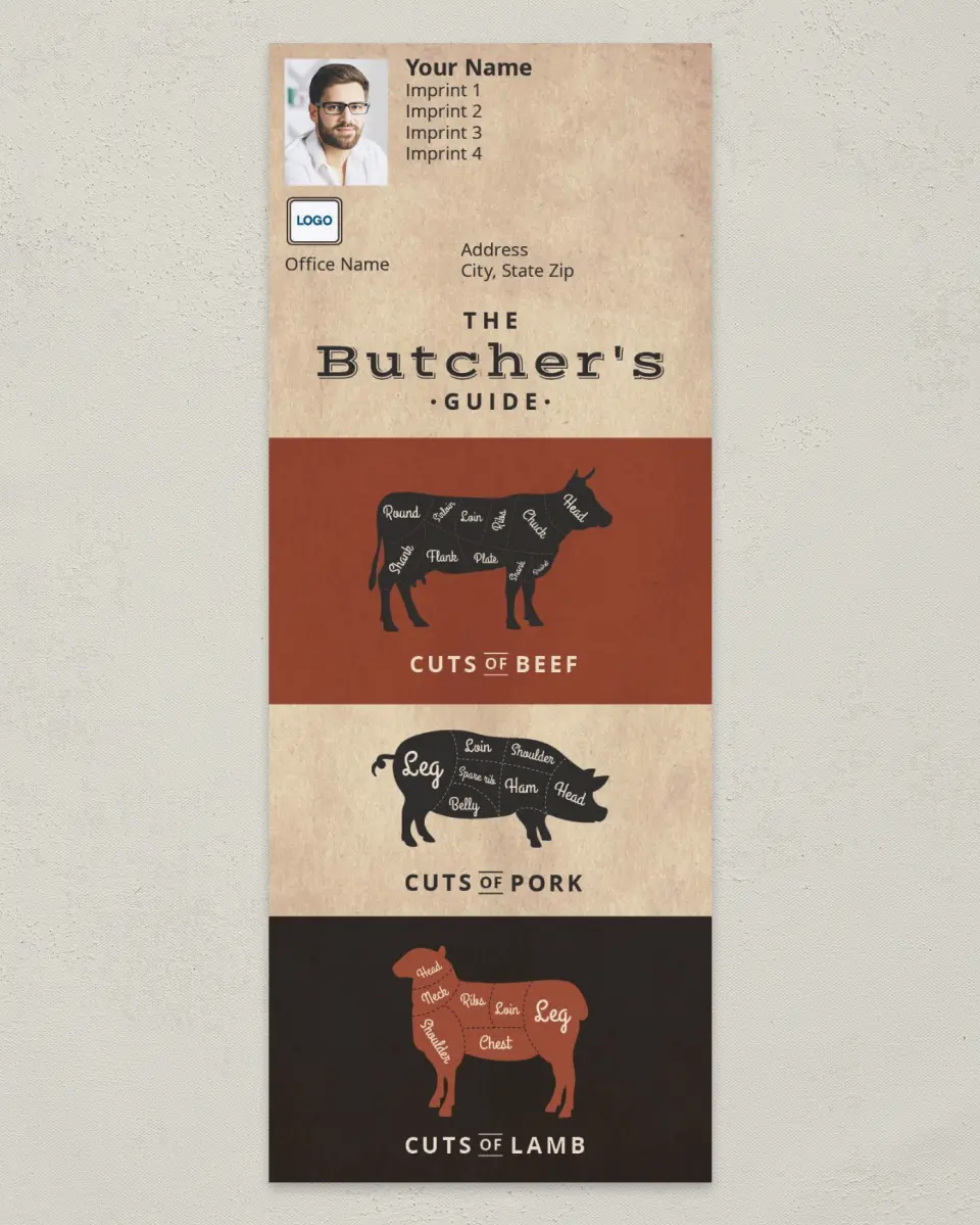 This is a 3½" x 9" Household Tip called The Butcher's Guide (Beef, Pork, & Lamb) printed in full color