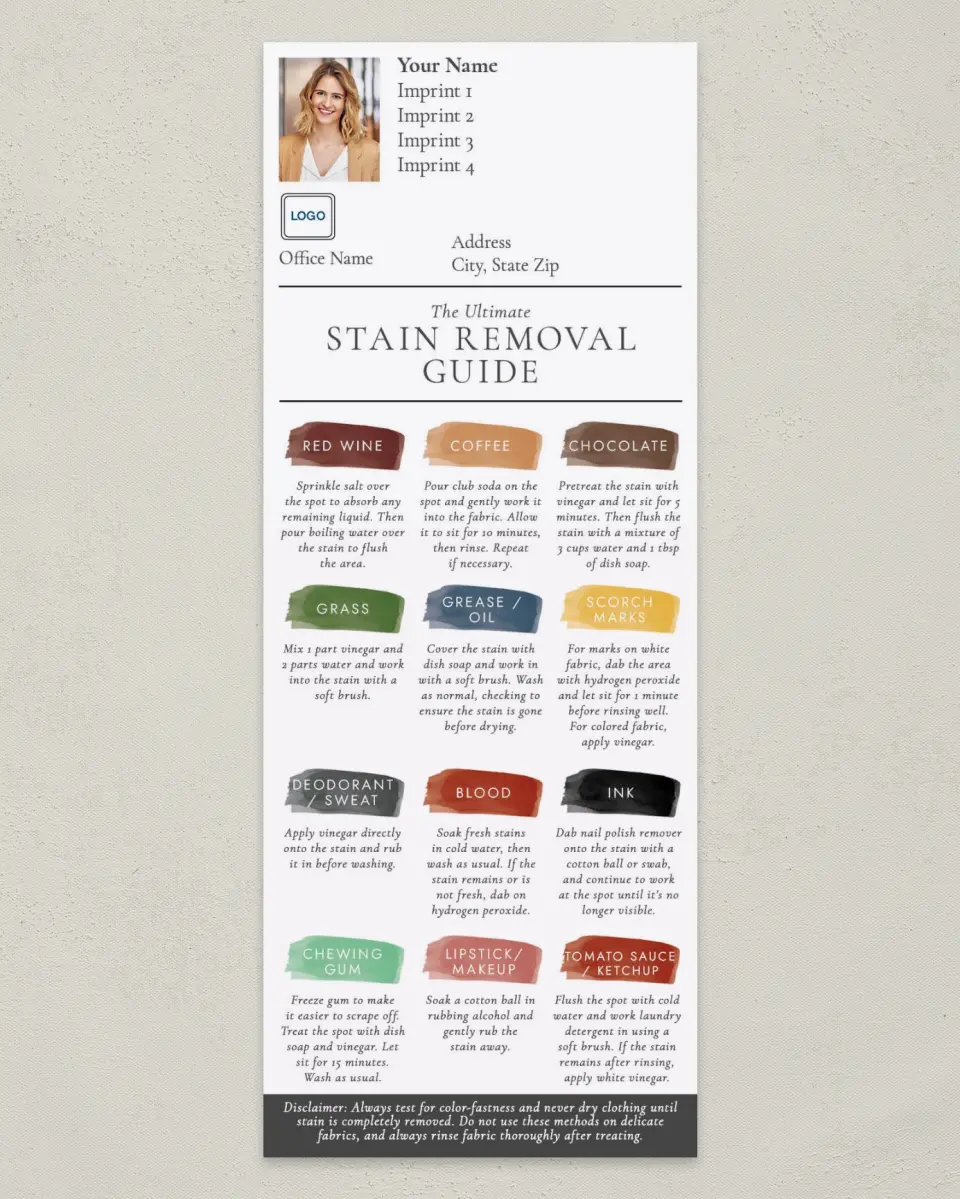This is a 3½" x 9" Household Tip called Guide to Stains printed in full color