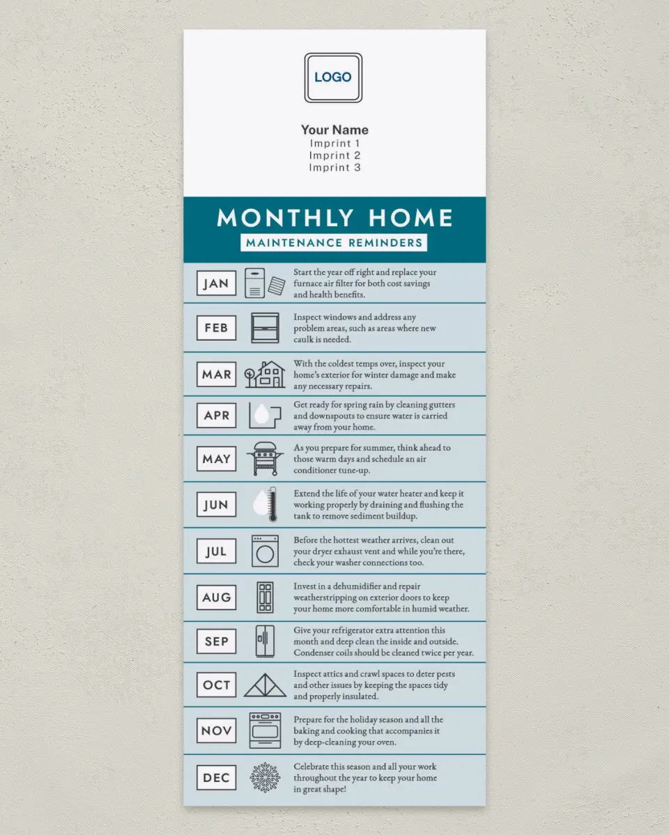 This is a 3½" x 9" Household Tip called Monthly Reminders for Home Maintenance printed in full color