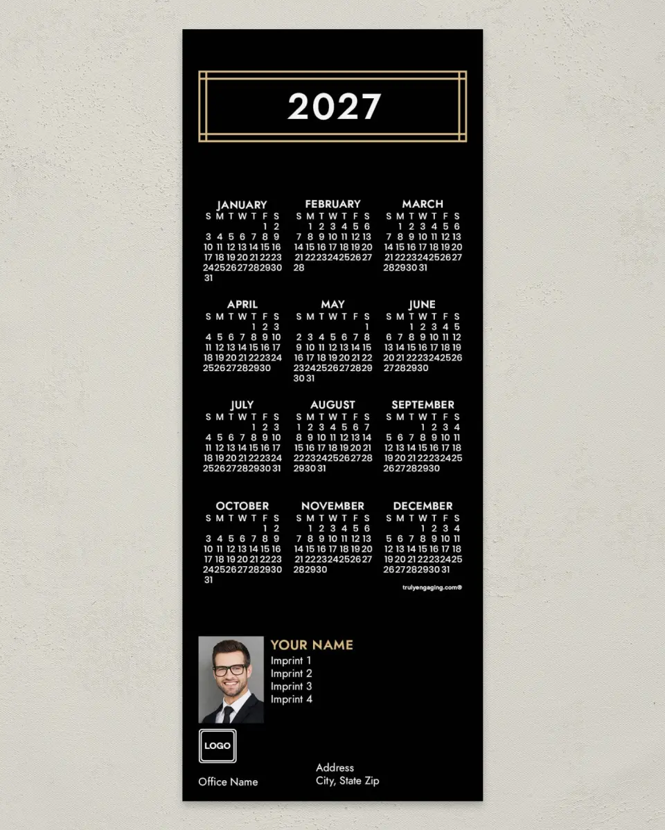 This is a 3½" x 9" Calendar MagnetCard called Framed in Gold printed in full color
