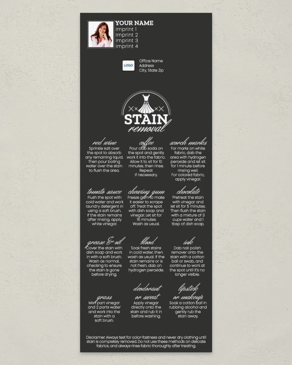 This is a 3½" x 9" Household Tip called Laundry Stain Guide printed in full color