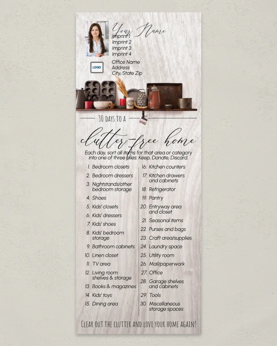 This is a 3½" x 9" Household Tip called Declutter in 30 Days printed in full color