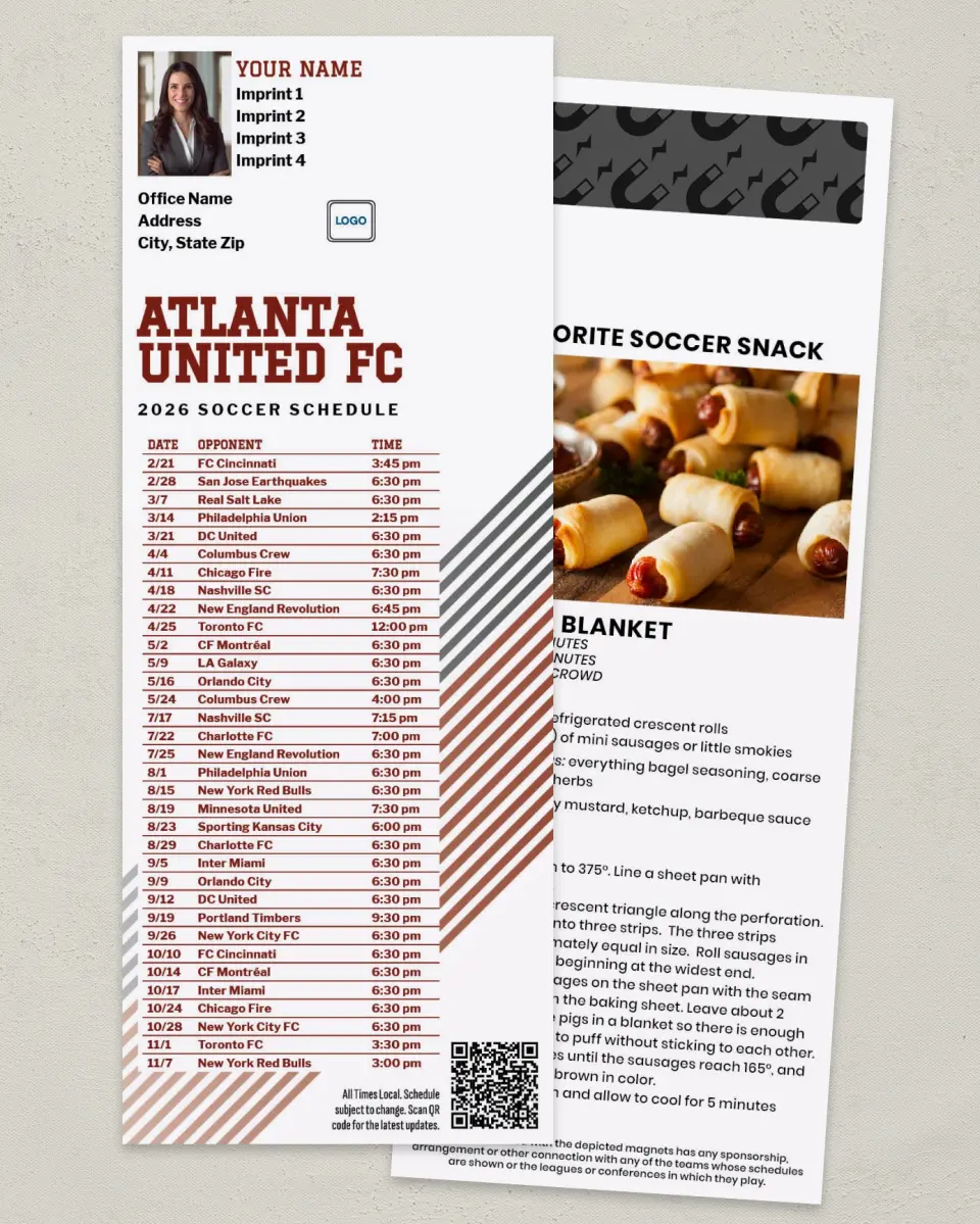 This is a 3½" x 9" Soccer Schedule MagnetCard called Atlanta United FC Soccer Schedule MagnetCards printed in full color