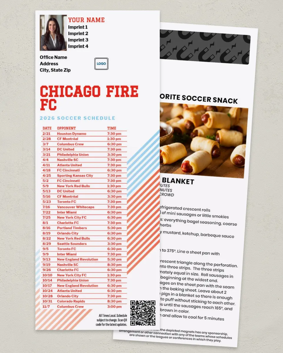 This is a 3½" x 9" Soccer Schedule MagnetCard called Chicago Fire FC Soccer Schedule MagnetCards printed in full color