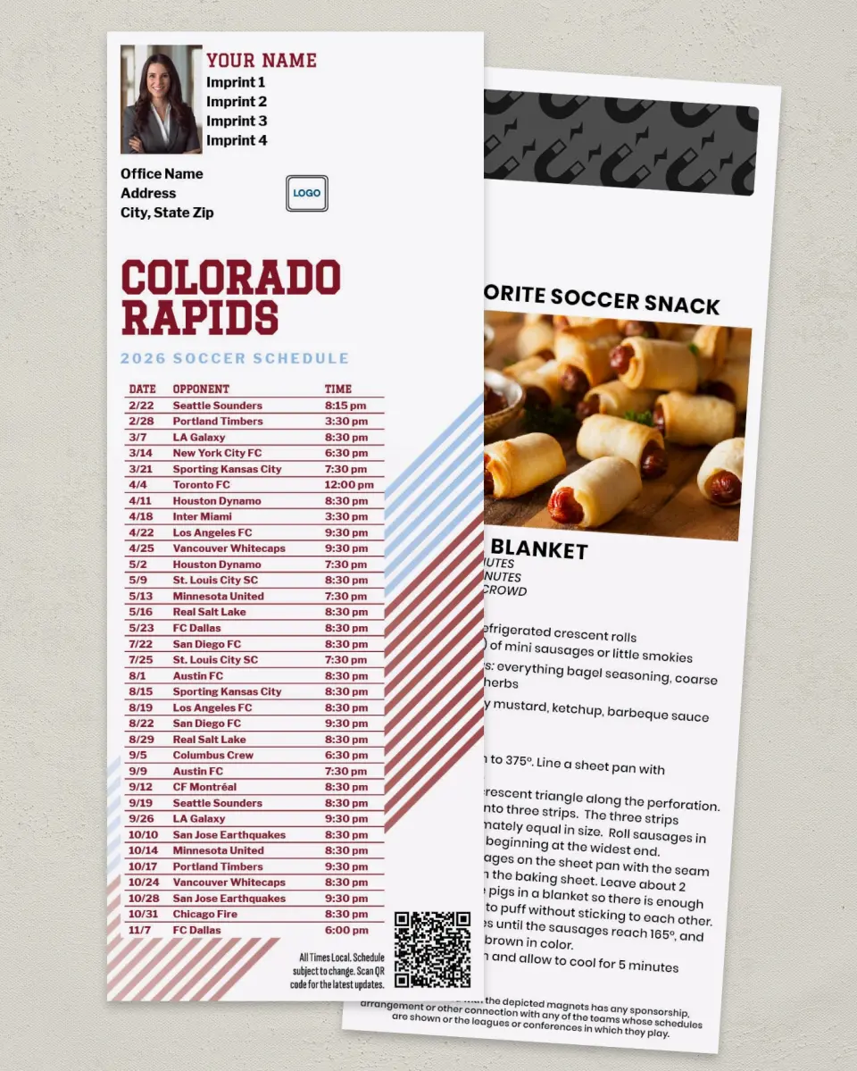 This is a 3½" x 9" Soccer Schedule MagnetCard called Colorado Rapids Soccer Schedule MagnetCards printed in full color