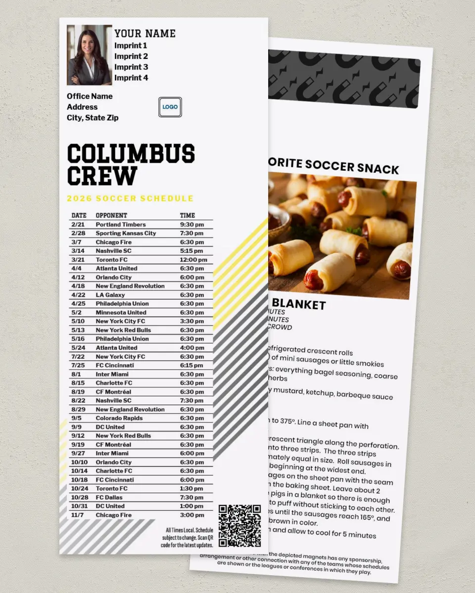 This is a 3½" x 9" Soccer Schedule MagnetCard called Columbus Crew SC Soccer Schedule MagnetCards printed in full color