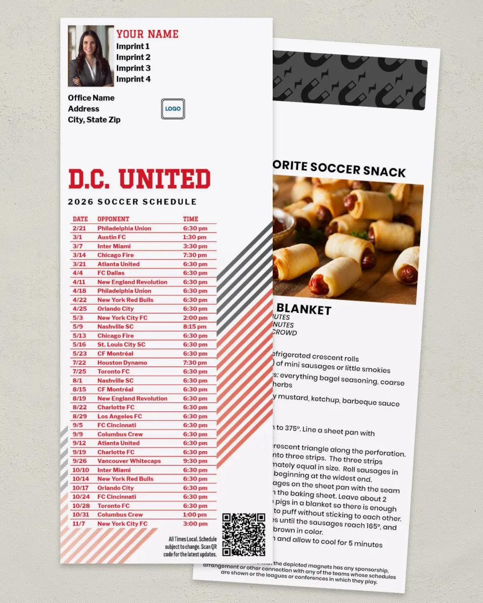 This is a 3½" x 9" Soccer Schedule MagnetCard called D.C. United Soccer Schedule MagnetCards printed in full color
