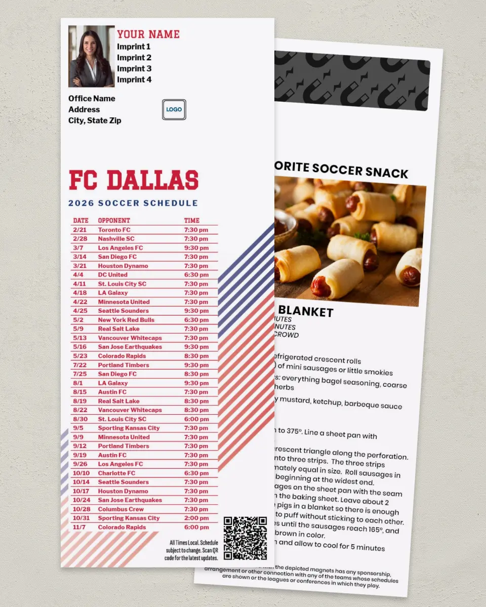 This is a 3½" x 9" Soccer Schedule MagnetCard called FC Dallas Soccer Schedule MagnetCards printed in full color
