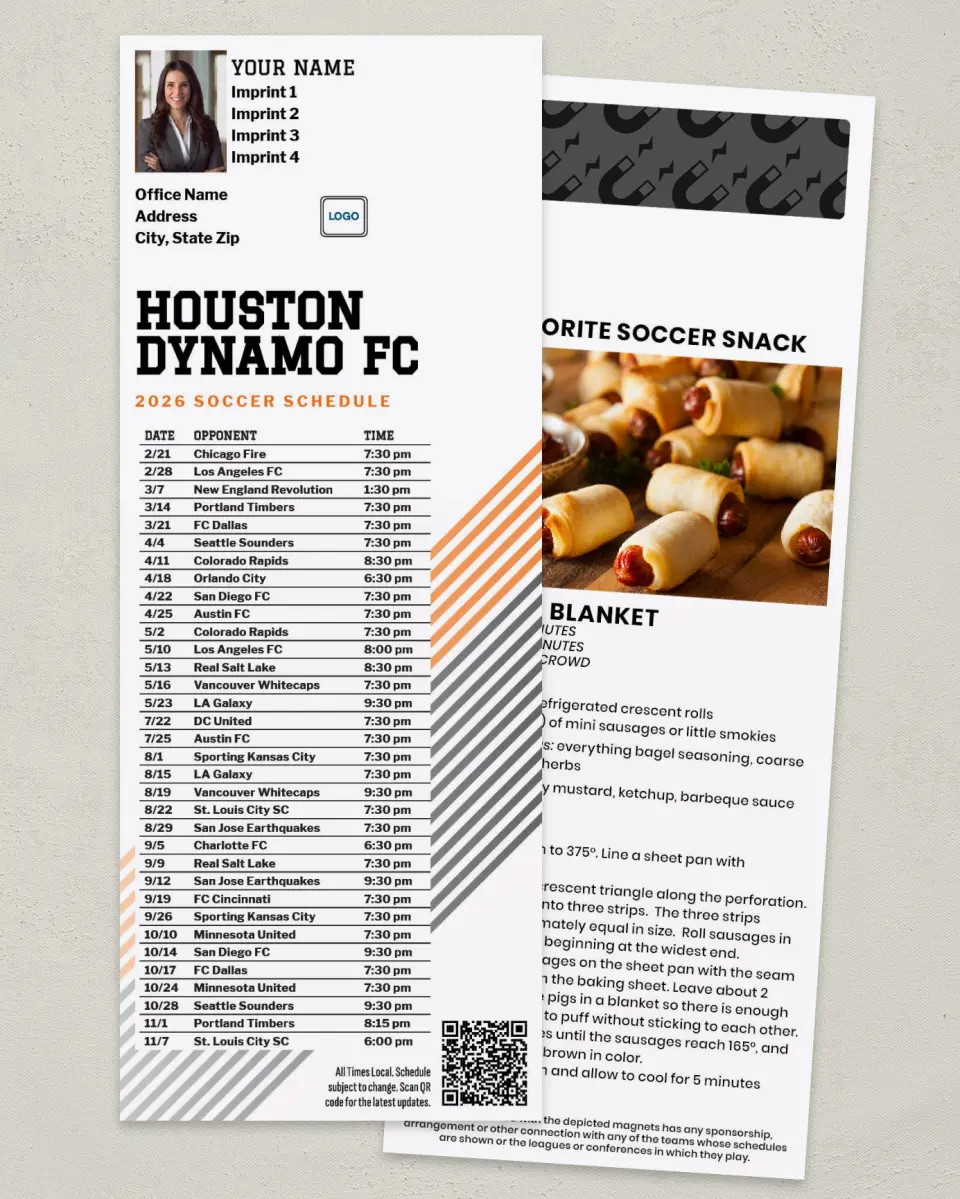 This is a 3½" x 9" Soccer Schedule MagnetCard called Houston Dynamo FC Soccer Schedule MagnetCards printed in full color