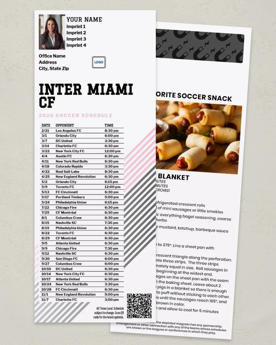This is a 3½" x 9" Soccer Schedule MagnetCard called Inter Miami CF Soccer Schedule MagnetCards printed in full color