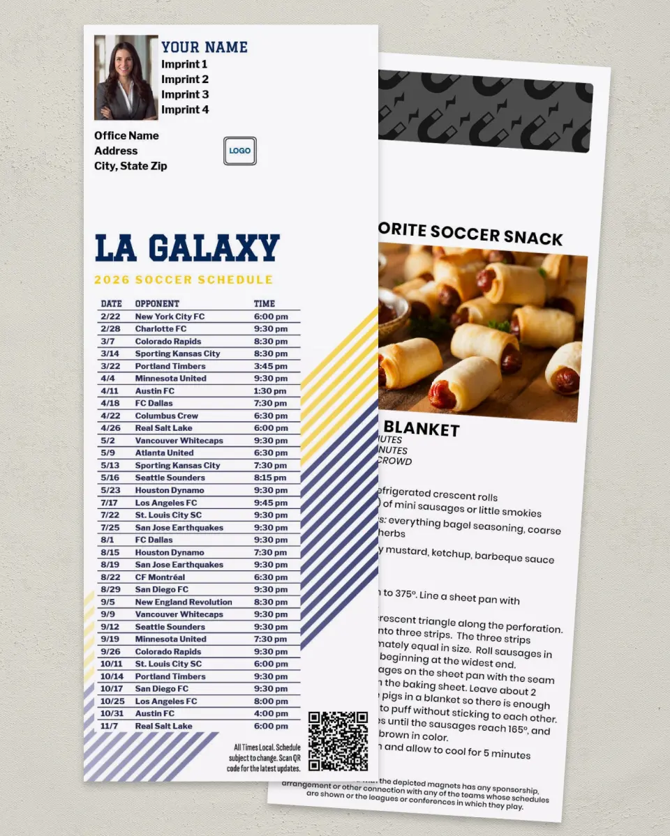 This is a 3½" x 9" Soccer Schedule MagnetCard called LA Galaxy Soccer Schedule MagnetCards printed in full color