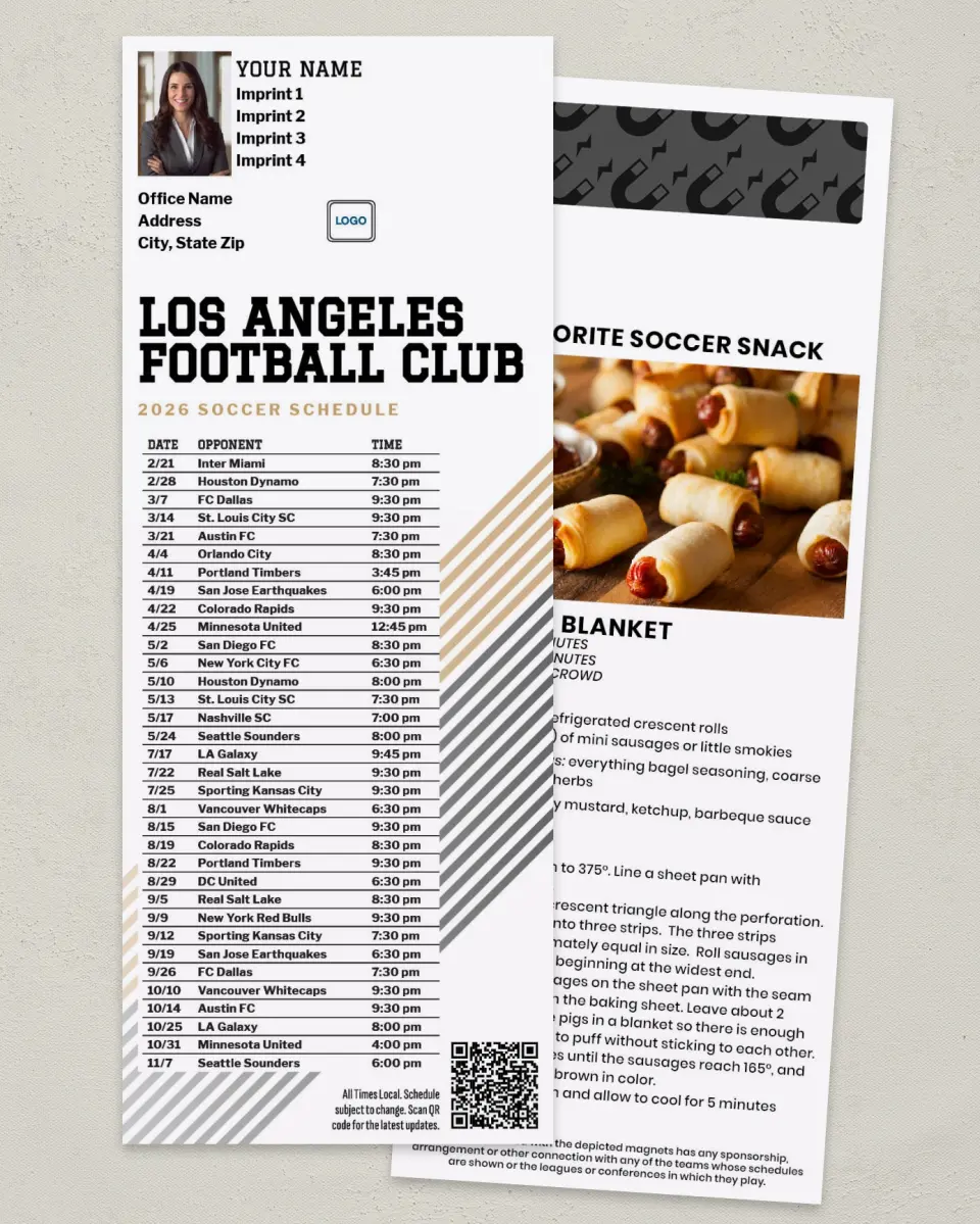 This is a 3½" x 9" Soccer Schedule MagnetCard called Los Angeles Football Club Soccer Schedule MagnetCards printed in full color