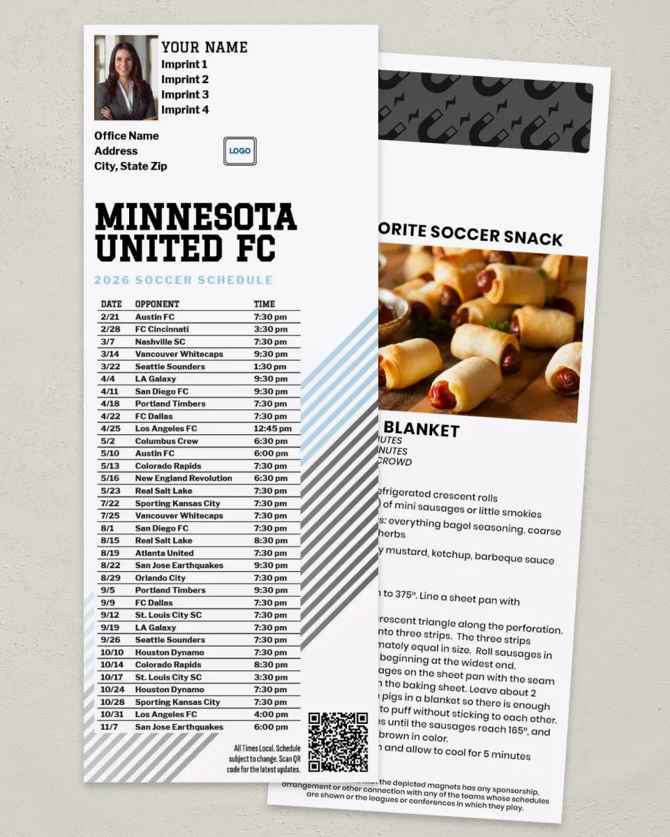 This is a 3½" x 9" Soccer Schedule MagnetCard called Minnesota United FC Soccer Schedule MagnetCards printed in full color