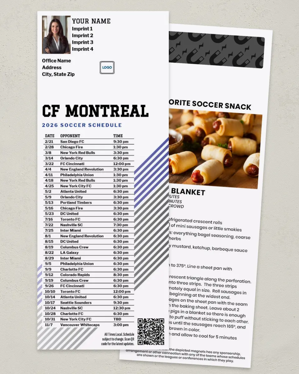 This is a 3½" x 9" Soccer Schedule MagnetCard called CF Montreal Soccer Schedule MagnetCards printed in full color