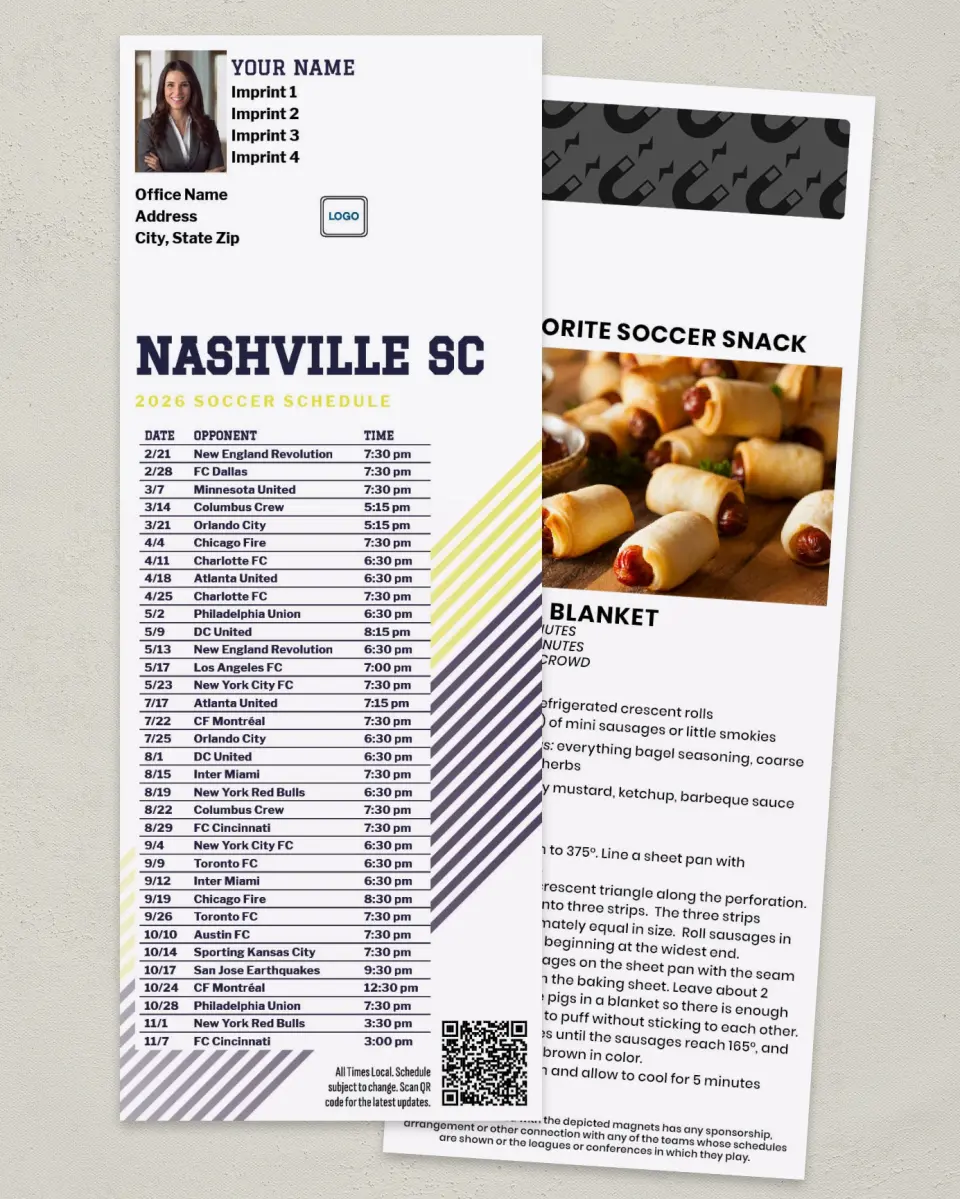 This is a 3½" x 9" Soccer Schedule MagnetCard called Nashville SC Soccer Schedule MagnetCards printed in full color