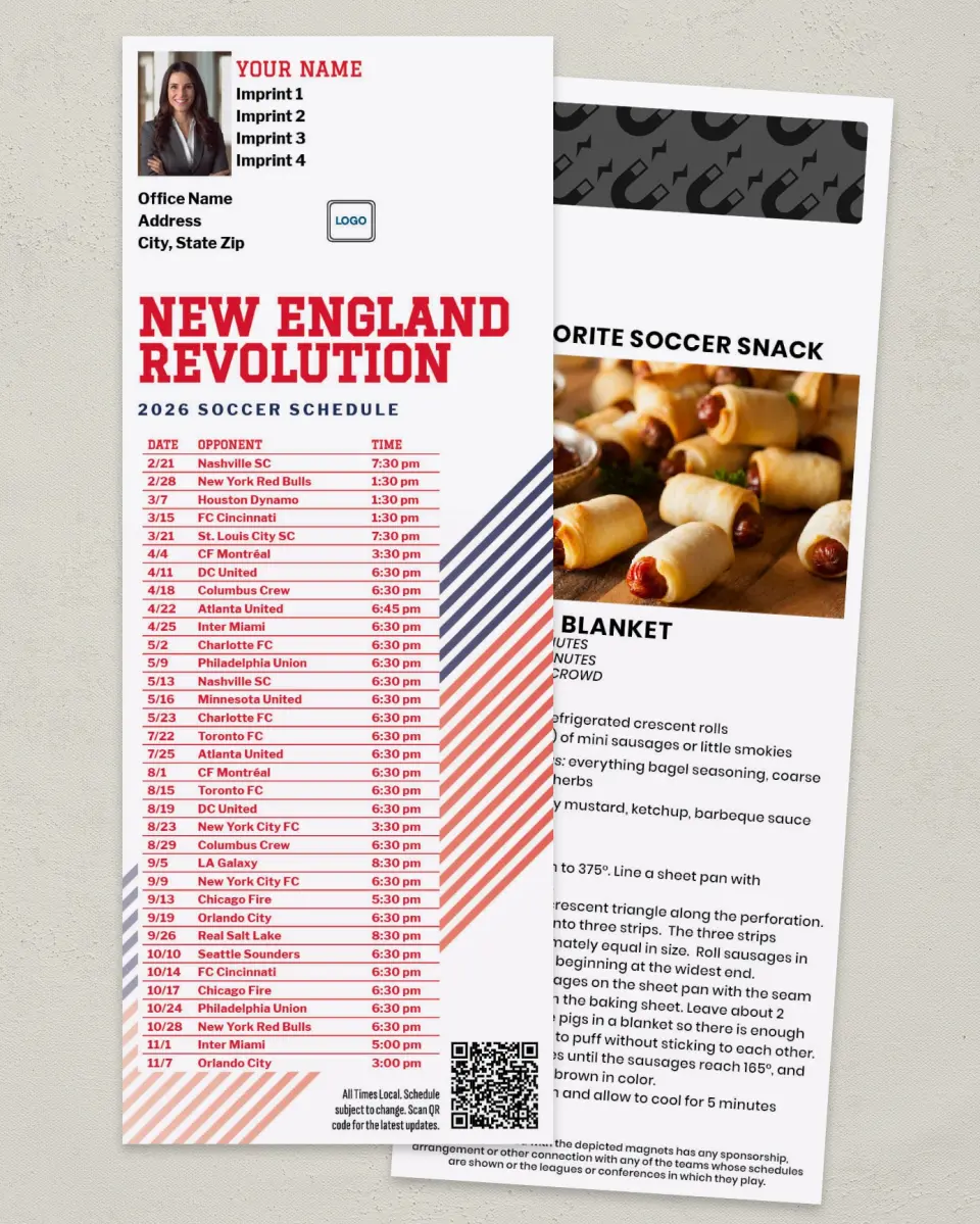 This is a 3½" x 9" Soccer Schedule MagnetCard called New England Revolution Soccer Schedule MagnetCards printed in full color