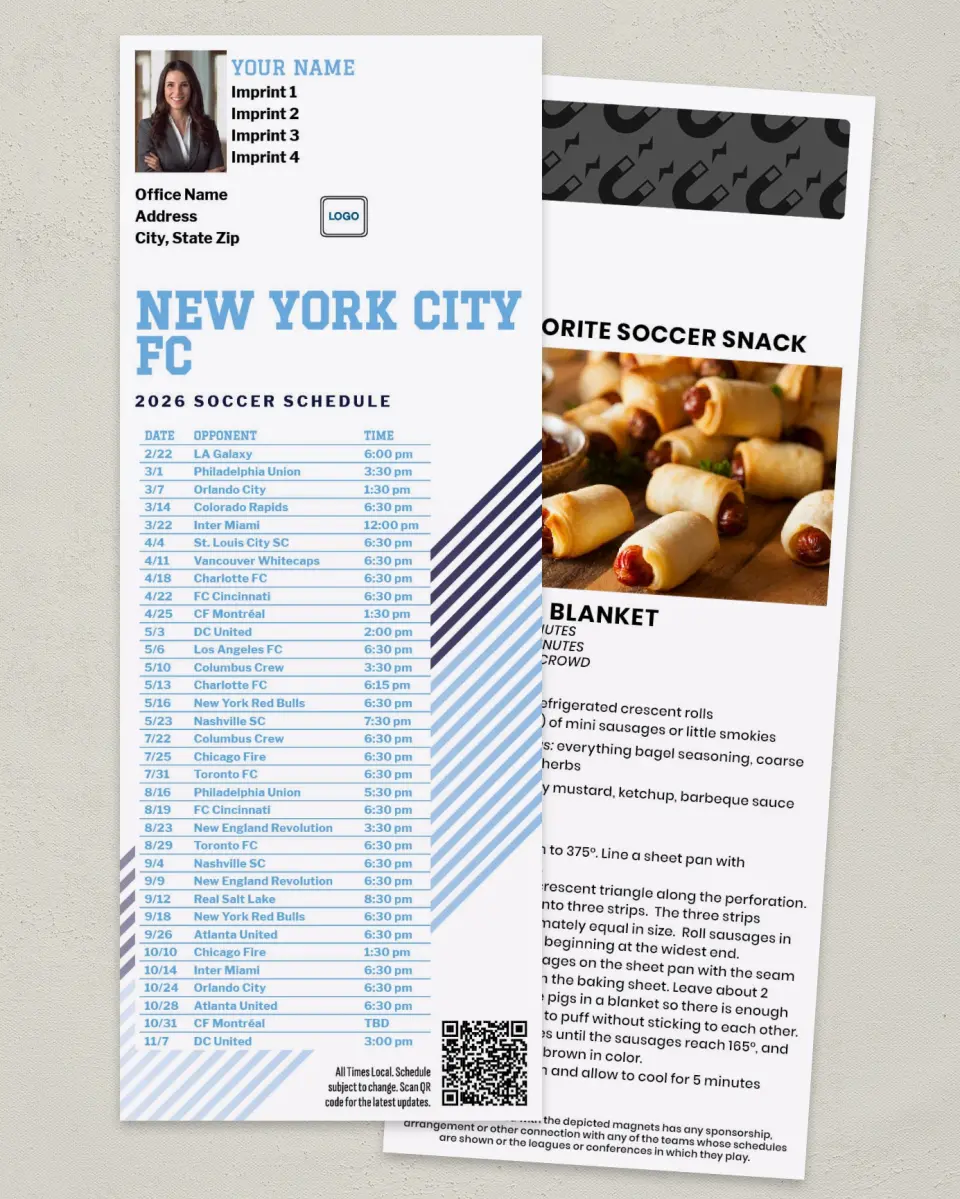 This is a 3½" x 9" Soccer Schedule MagnetCard called New York City FC Soccer Schedule MagnetCards printed in full color