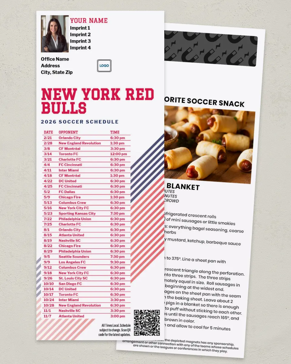 This is a 3½" x 9" Soccer Schedule MagnetCard called New York Red Bulls Soccer Schedule MagnetCards printed in full color