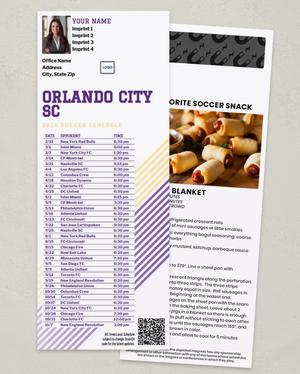 This is a 3½" x 9" Soccer Schedule MagnetCard called Orlando City SC Soccer Schedule MagnetCards printed in full color