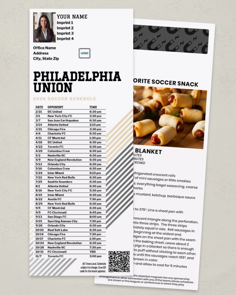 This is a 3½" x 9" Soccer Schedule MagnetCard called Philadelphia Union Soccer Schedule MagnetCards printed in full color