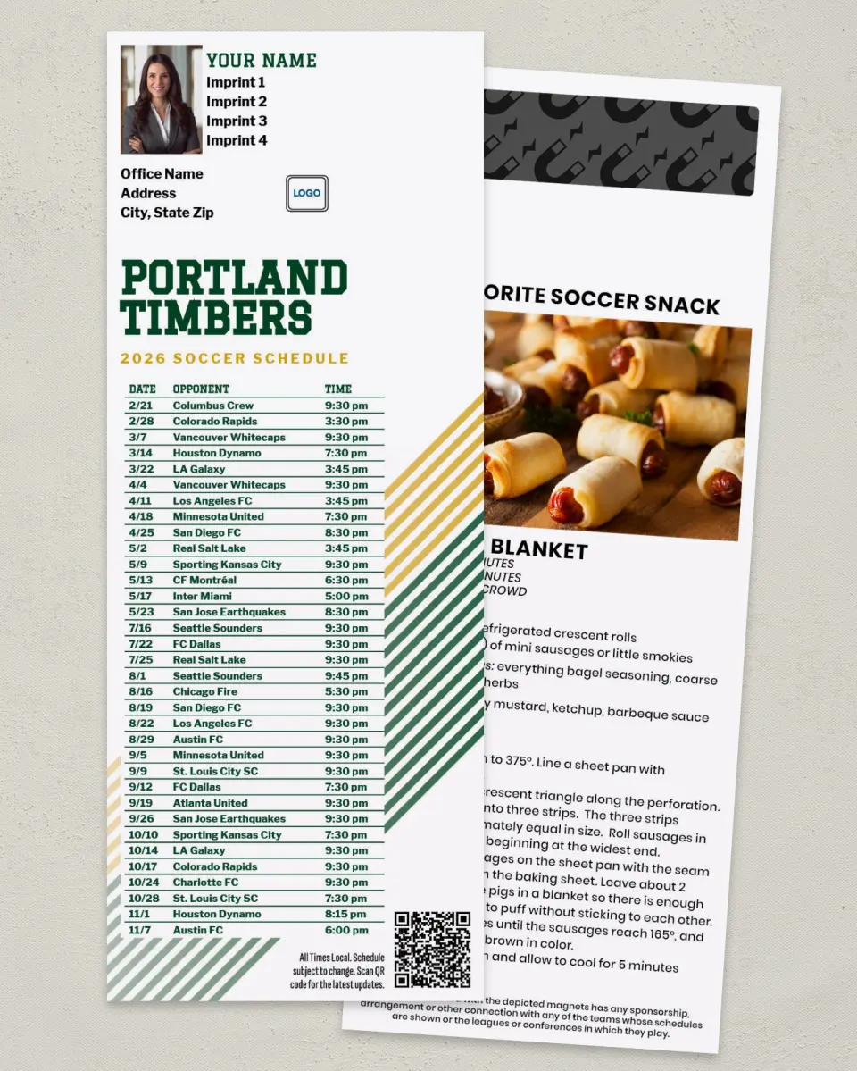 This is a 3½" x 9" Soccer Schedule MagnetCard called Portland Timbers Soccer Schedule MagnetCards printed in full color