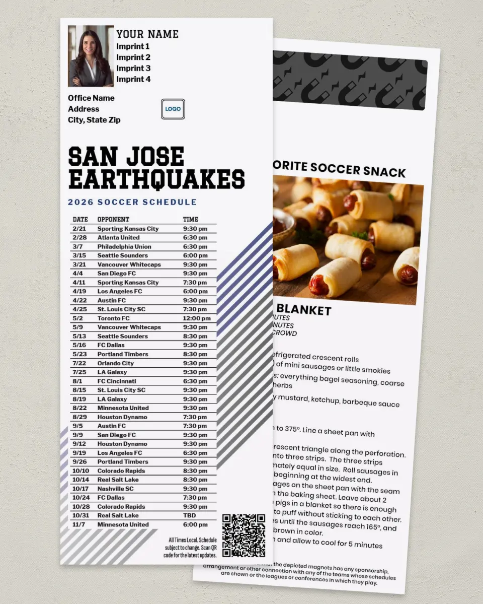 This is a 3½" x 9" Soccer Schedule MagnetCard called San Jose Earthquakes Soccer Schedule MagnetCards printed in full color