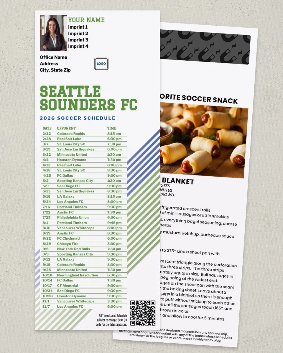 This is a 3½" x 9" Soccer Schedule MagnetCard called Seattle Sounders FC Soccer Schedule MagnetCards printed in full color