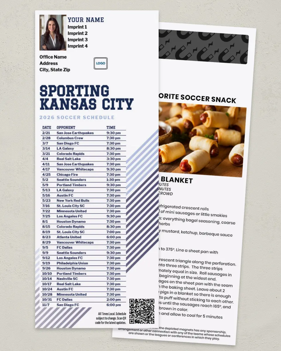 This is a 3½" x 9" Soccer Schedule MagnetCard called Sporting Kansas City Soccer Schedule MagnetCards printed in full color