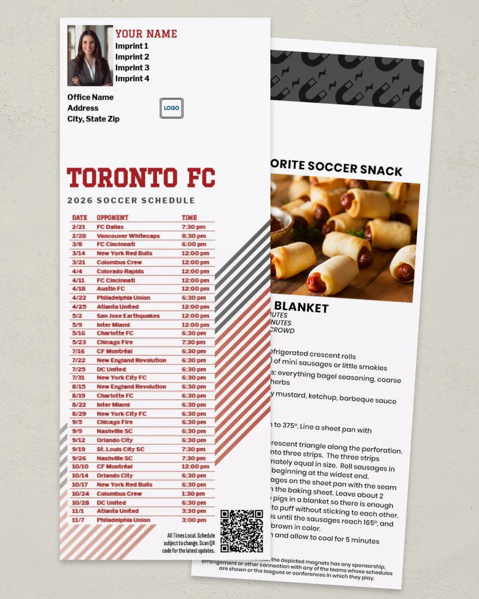 This is a 3½" x 9" Soccer Schedule MagnetCard called Toronto FC Soccer Schedule MagnetCards printed in full color