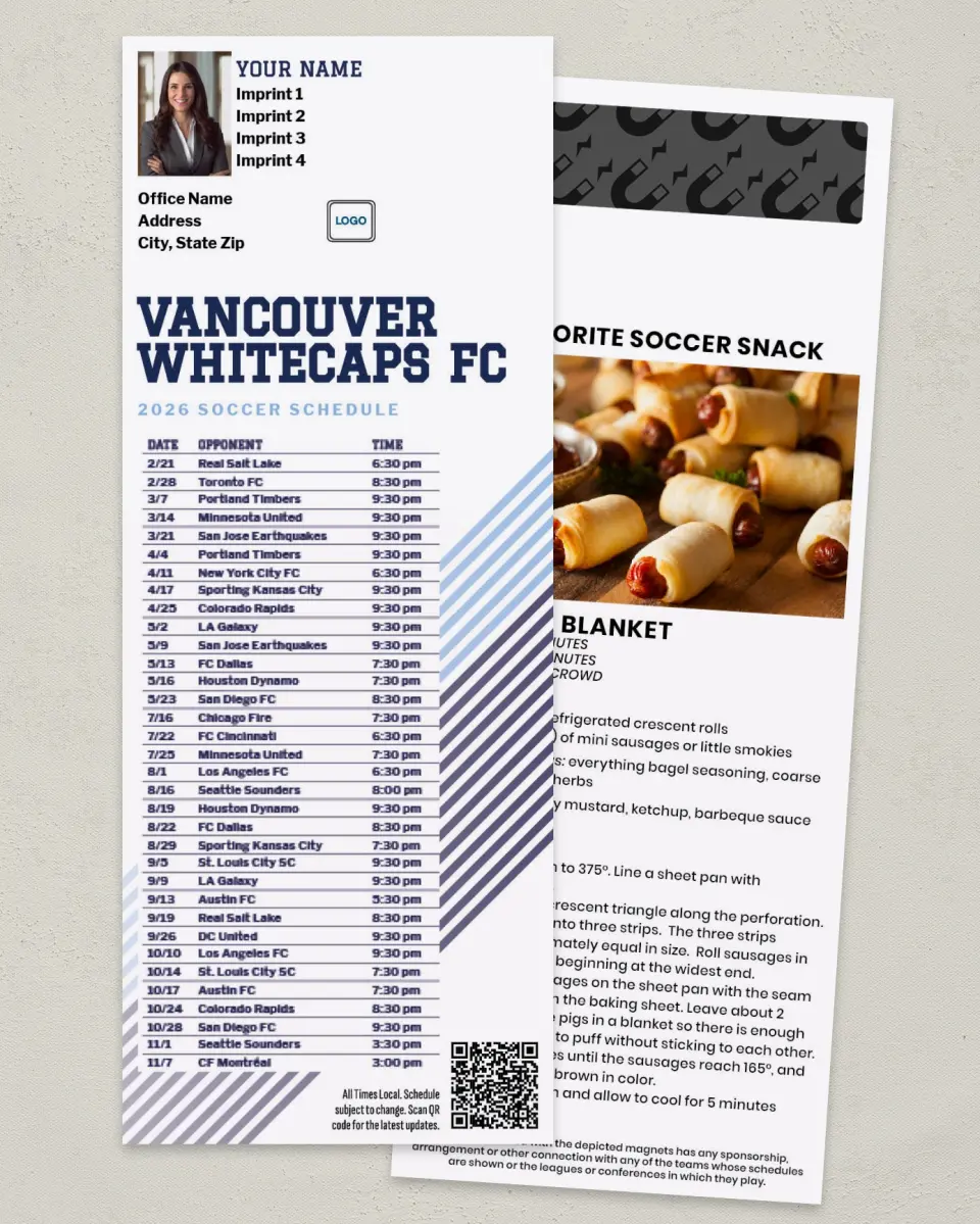 This is a 3½" x 9" Soccer Schedule MagnetCard called Vancouver Whitecaps FC Soccer Schedule MagnetCards printed in full color