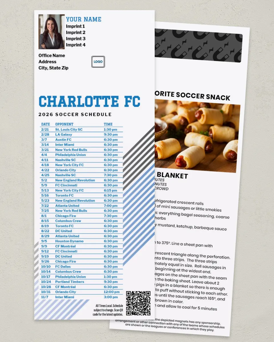 This is a 3½" x 9" Soccer Schedule MagnetCard called Charlotte FC Soccer Schedule MagnetCards printed in full color