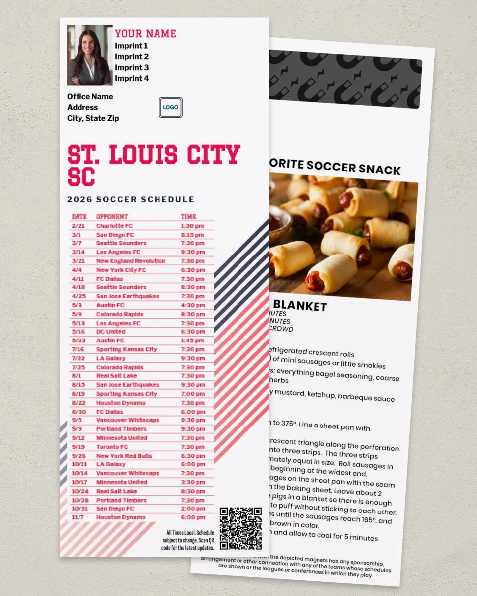 This is a 3½" x 9" Soccer Schedule MagnetCard called St. Louis City SC Soccer Schedule MagnetCards printed in full color