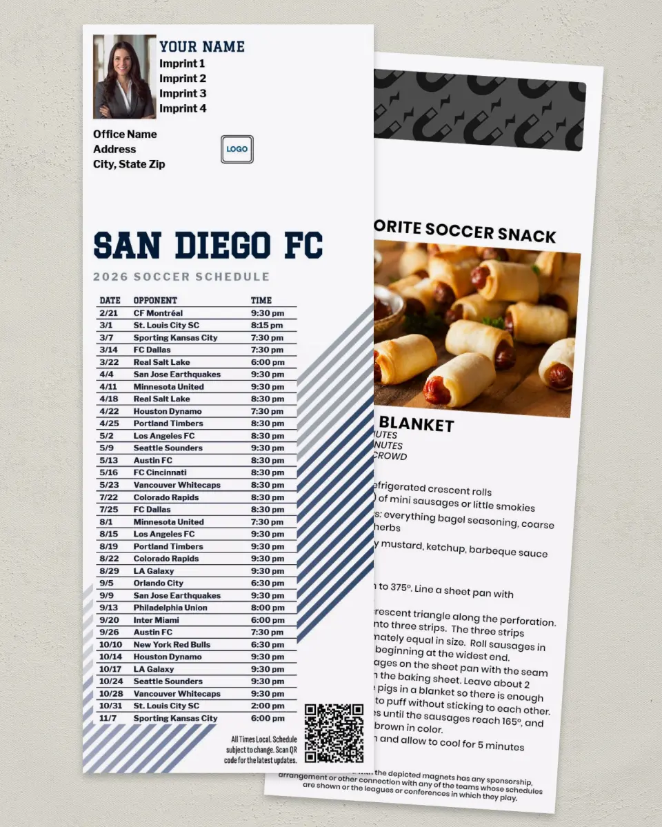 This is a 3½" x 9" Soccer Schedule MagnetCard called San Diego FC Soccer Schedule MagnetCards printed in full color