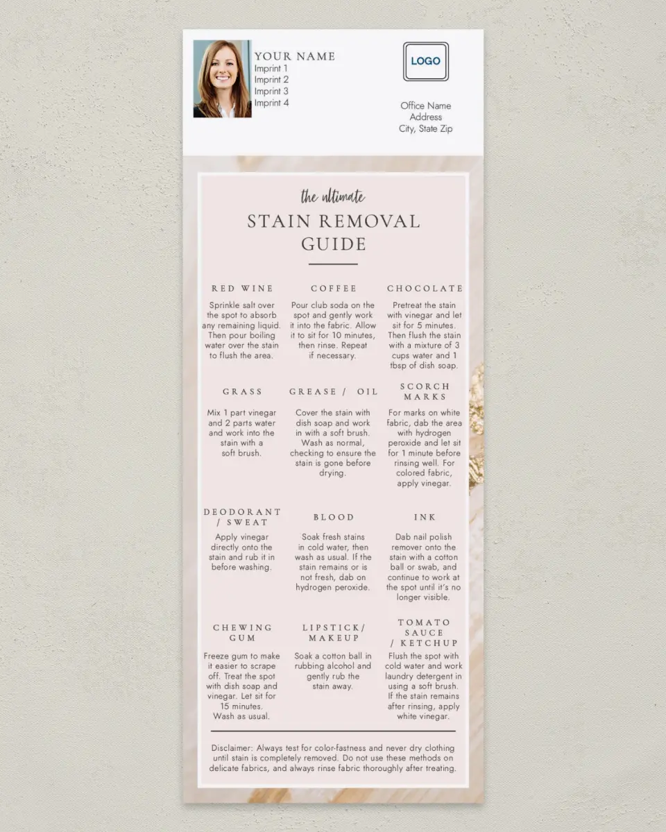 This is a 3½" x 9" Household Tip called Stain Removal Guide printed in full color