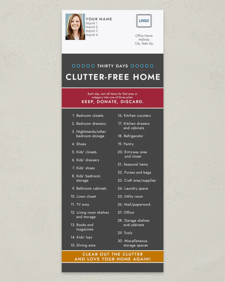 This is a 3½" x 9" Household Tip called Clutter-Free Home printed in full color