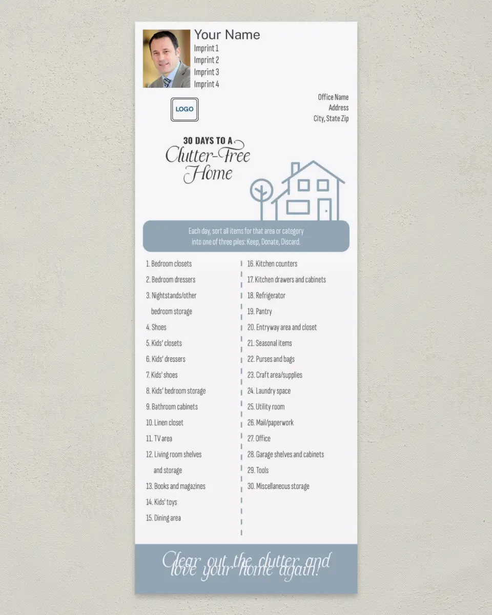 This is a 3½" x 9" Household Tip called 30 Days to a Clutter Free Home printed in full color