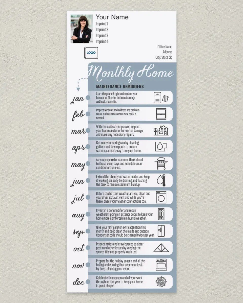 This is a 3½" x 9" Household Tip called Monthly Home Maintenance printed in full color