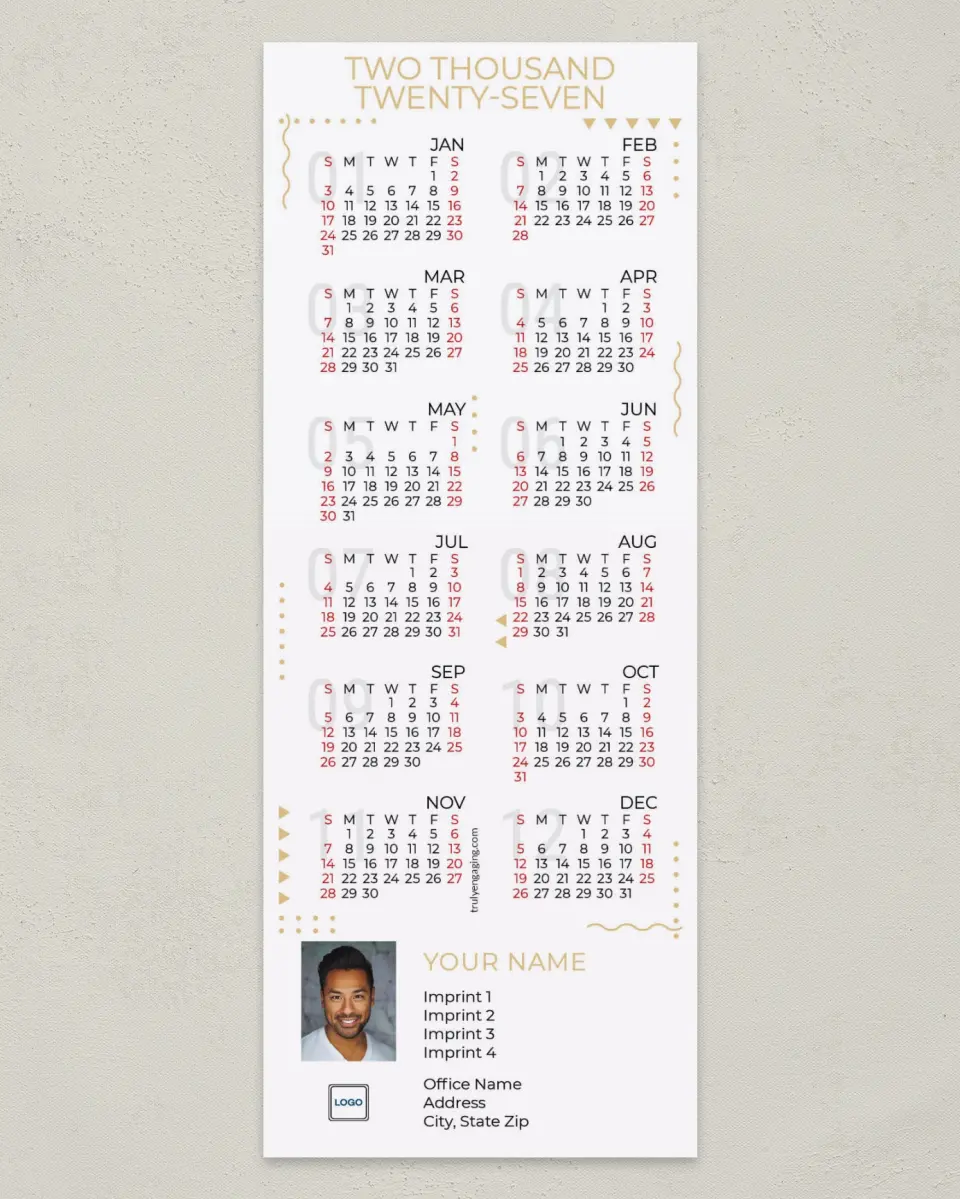 This is a 3½" x 9" Calendar MagnetCard called Decorative Marks printed in full color