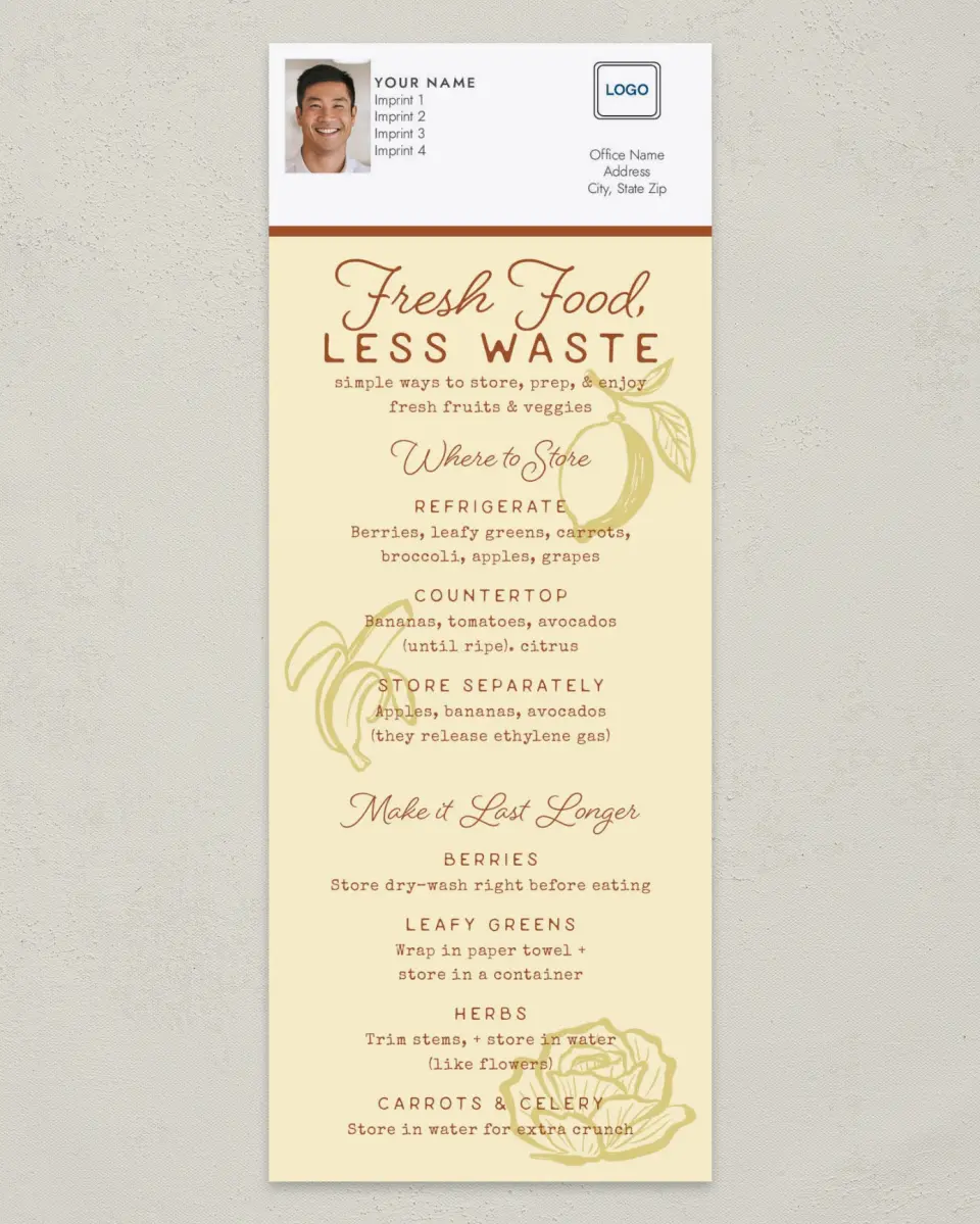 This is a 3½" x 9" Household Tip called Kitchen Helper - Fresh Food, Less Waste printed in full color
