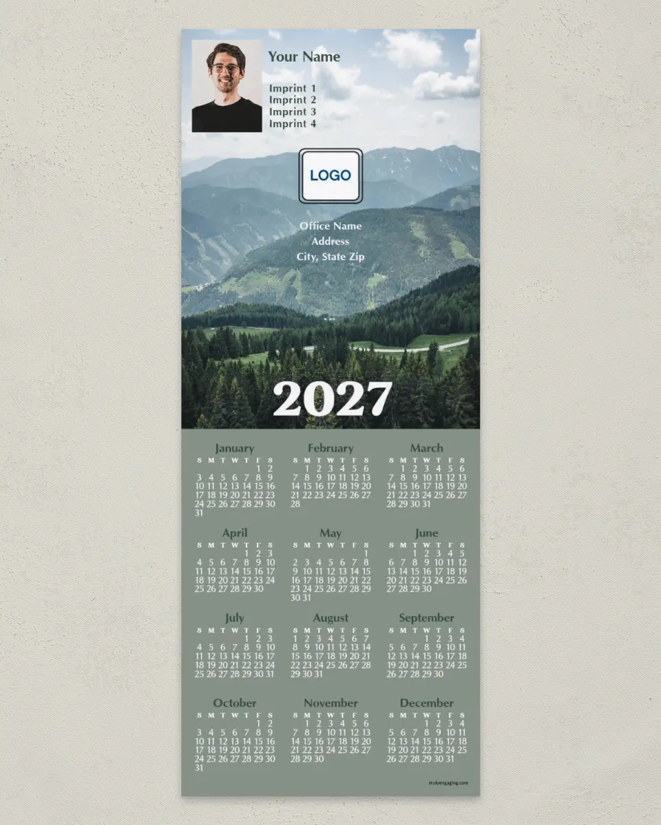 This is a 3½" x 9" Calendar MagnetCard called Mountains of Pine printed in full color