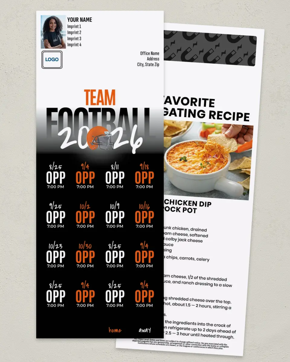 This is a 3½" x 9" Football Schedule Magnet called Custom Football Schedule printed in full color