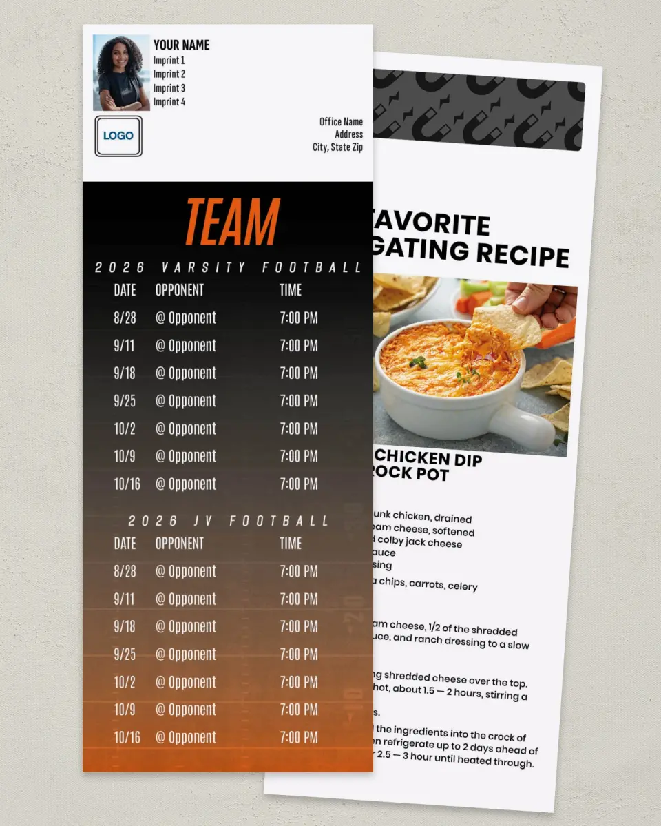 This is a 3½" x 9" Football Schedule Magnet called Custom Football Schedule - 2 Teams printed in full color