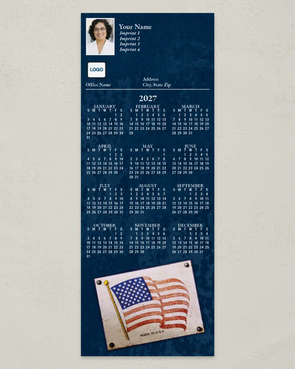 This is a 3½" x 9" Calendar MagnetCard called Flag on Blue Texture printed in full color